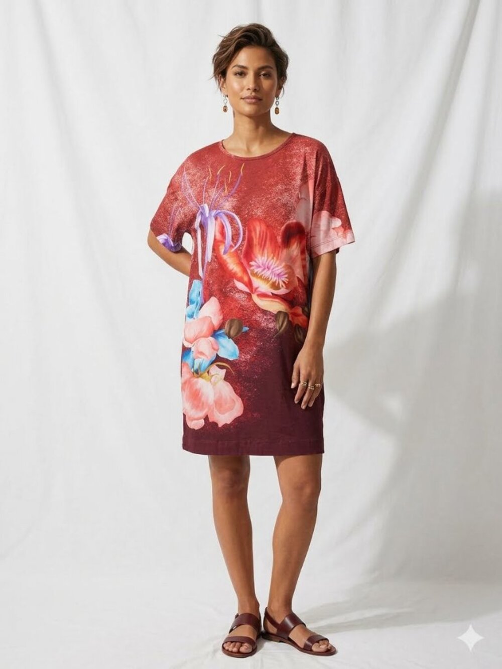 The Kit Maya Floral Dress Womens Medium M Red Casual Short Sleeve Shift C09